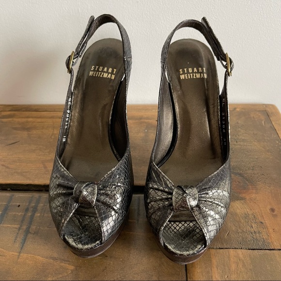 STUART WEITZMAN Metallic Peep Toe Sling Back Heels - Picture 8 of 9